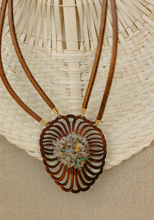 Fan & Gemstone Leather Pendant Necklace — Amber
