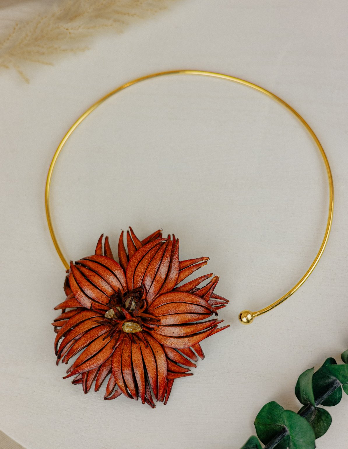 Sunflower Leather Collar Necklace — Terracotta & Gold