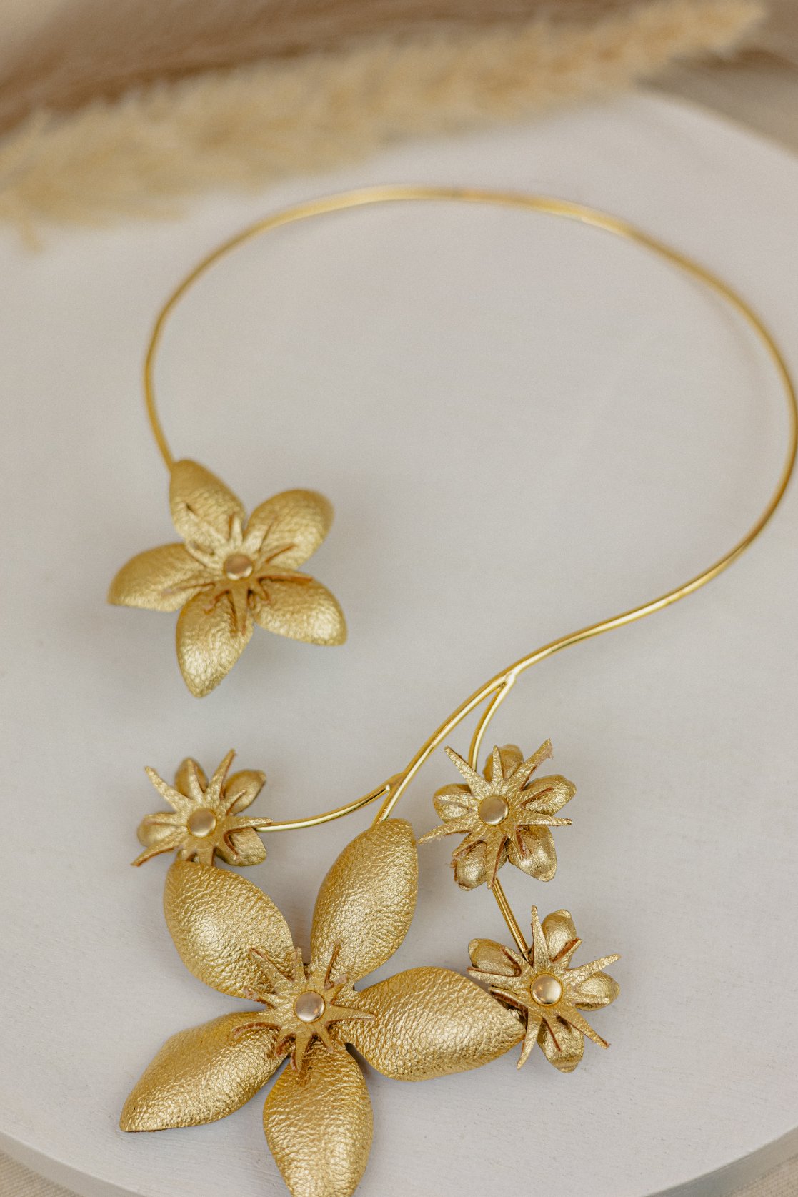 Golden Orchid Leather Collar Necklace — Metallic Gold