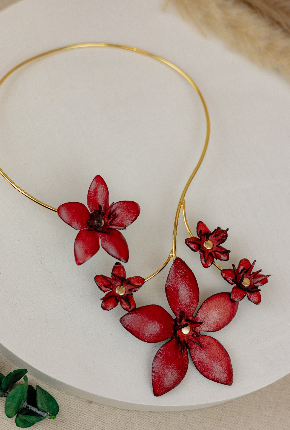 Leather Tropical Flower Choker – Red & Gold