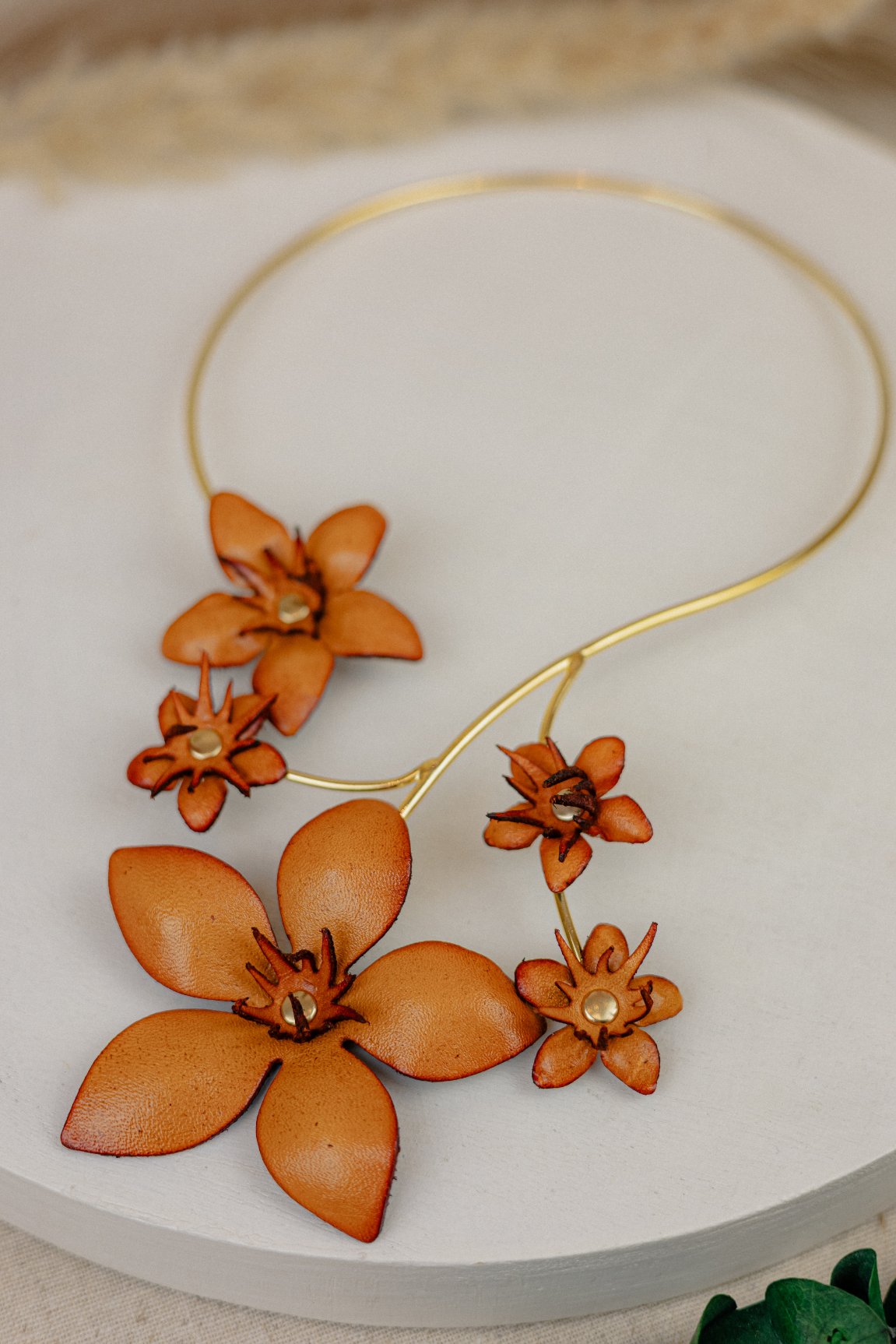 Leather Tropical Flower Choker – Caramel & Gold