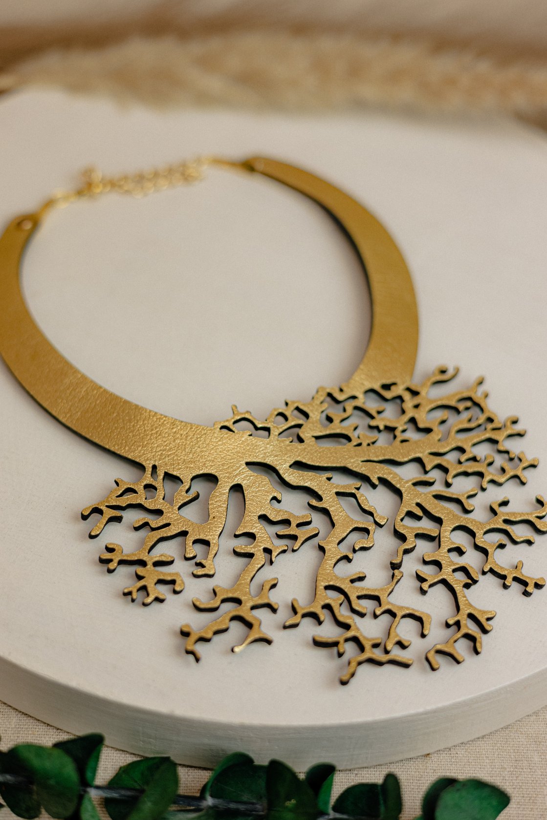 Leather Coral Branch Bib Necklace – Gold