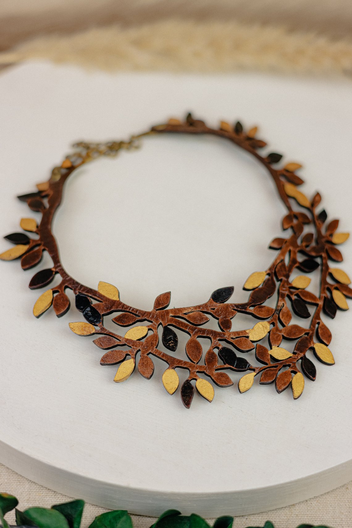 Leather Leaf Garland Bib Necklace – Brown & Gold