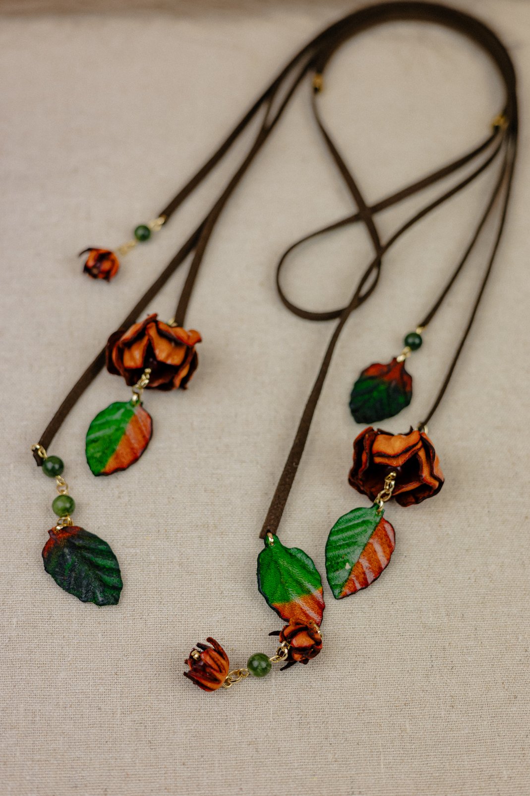 Rosebud & Leaf Long Leather Cord Necklace — Amber & Green