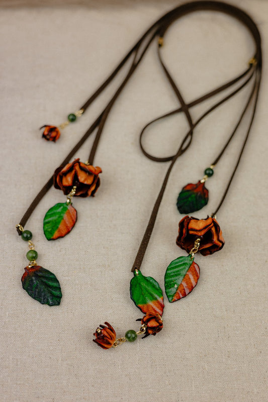 Rosebud & Leaf Long Leather Cord Necklace — Amber & Green