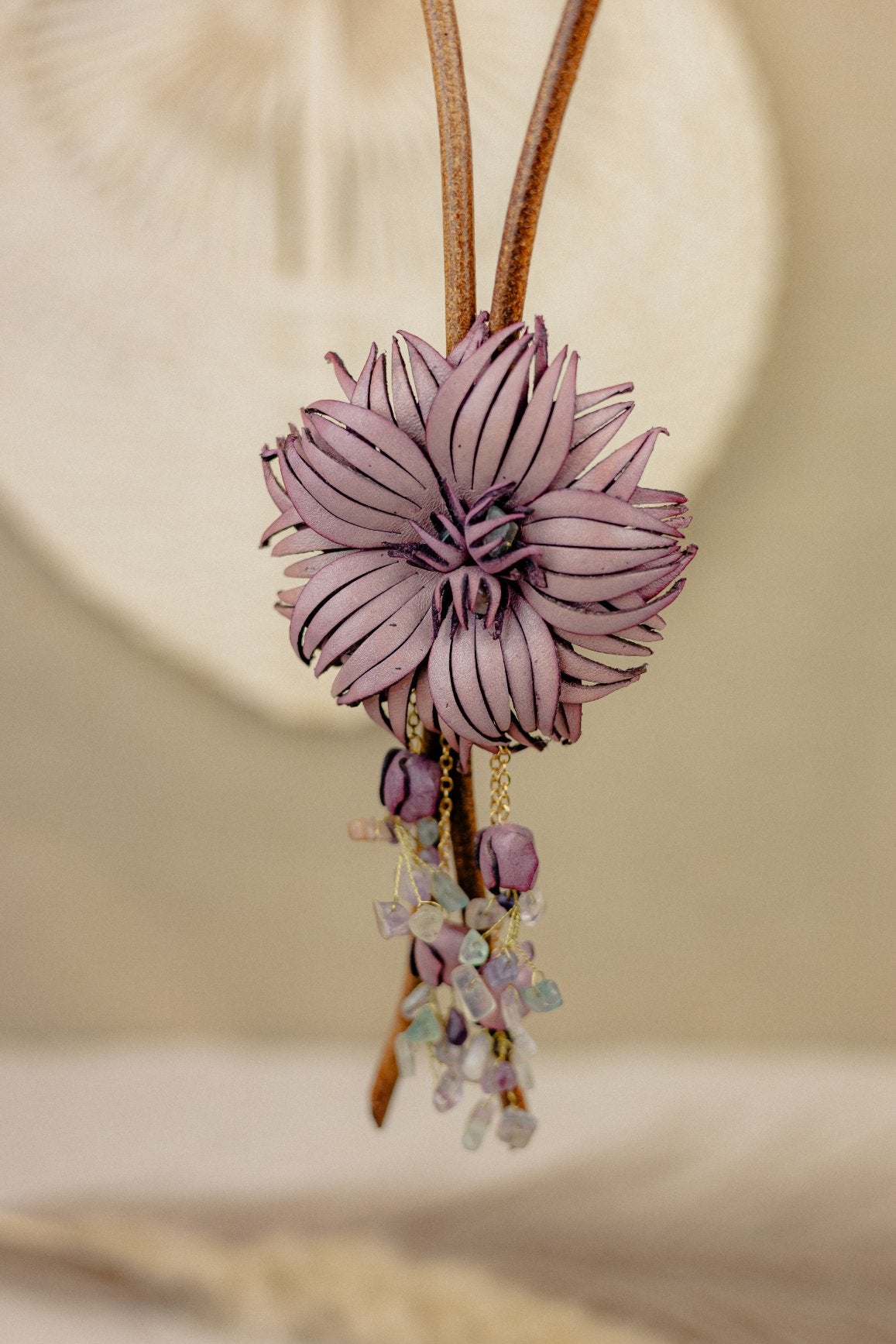 Leather Dahlia Pendant Necklace with Fluorite – Mauve
