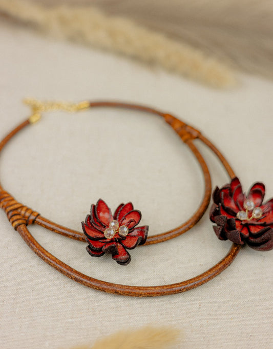 Leather Double-Strand Lotus Necklace – Red