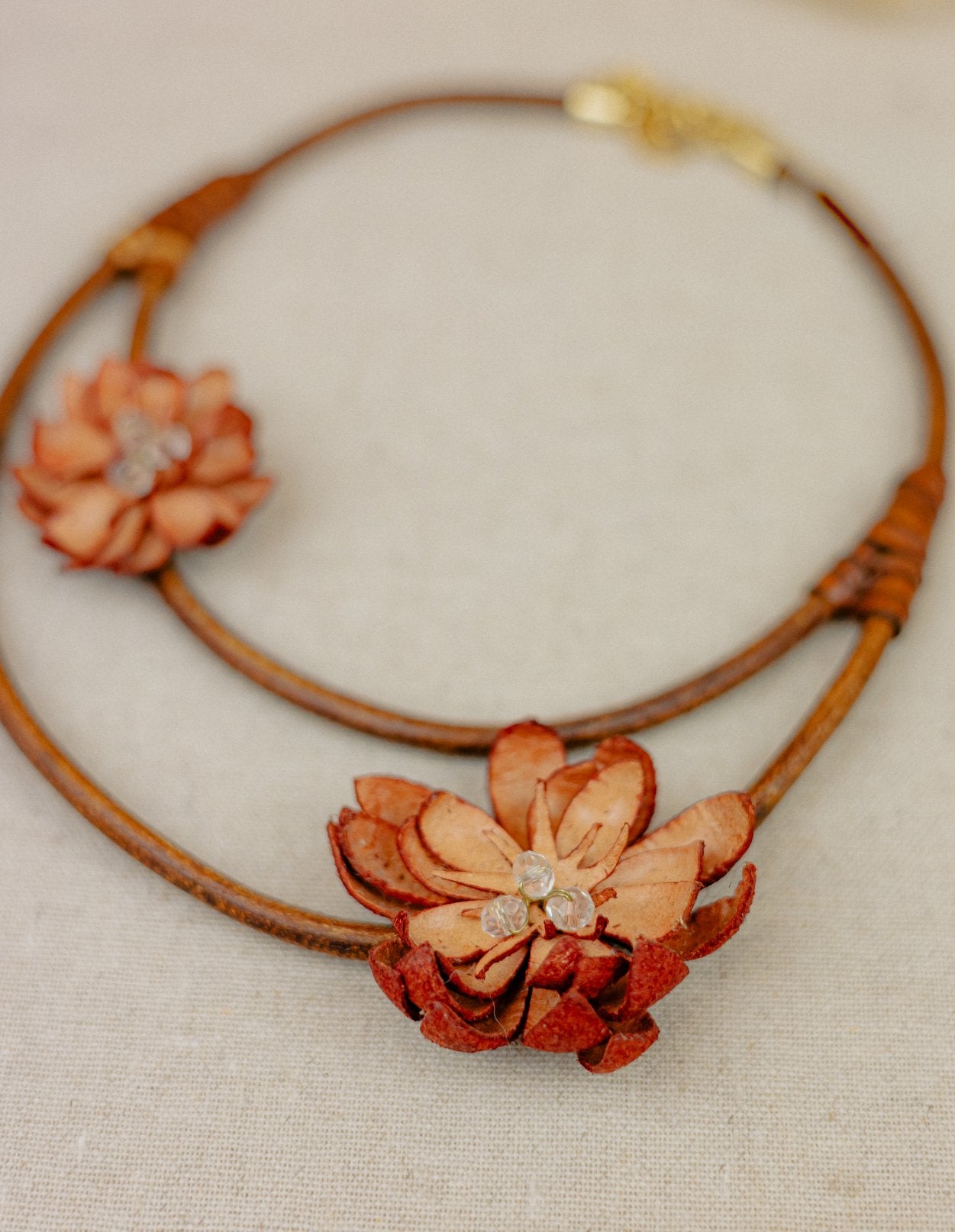 Leather Double-Strand Lotus Necklace – Terracotta