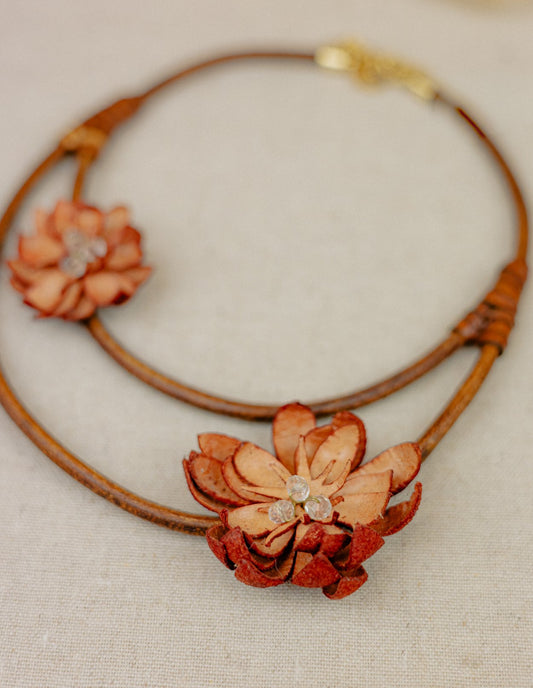 Leather Double-Strand Lotus Necklace – Terracotta