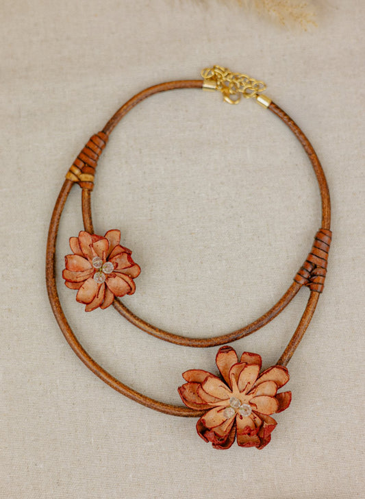 Leather Double-Strand Lotus Necklace – Terracotta