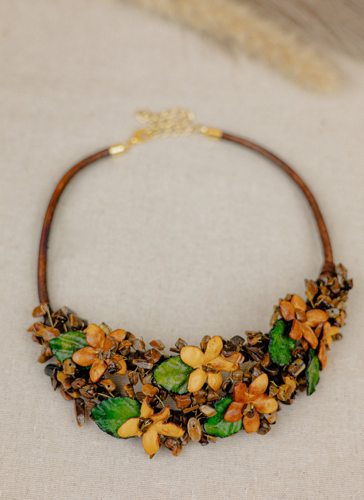 Wildflower Bouquet Tiger Eye Leather Collar Necklace — Yellow & Green