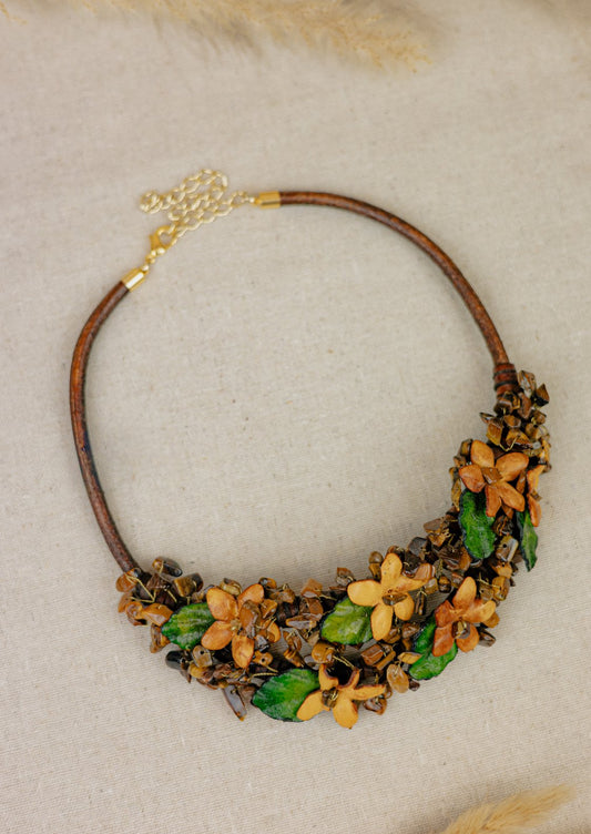 Wildflower Bouquet Tiger Eye Leather Collar Necklace — Yellow & Green