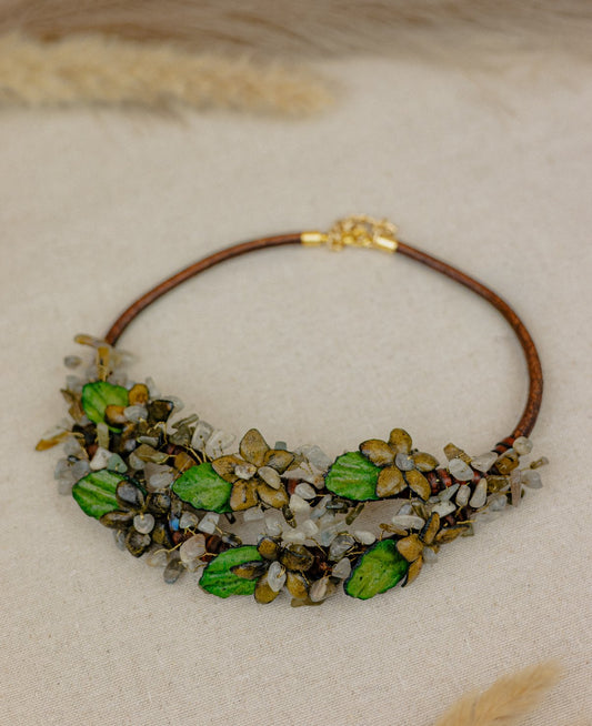 Wildflower Bouquet Leather Collar Necklace, Gold & Green