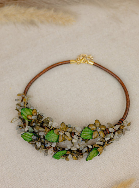 Wildflower Bouquet Leather Collar Necklace, Gold & Green