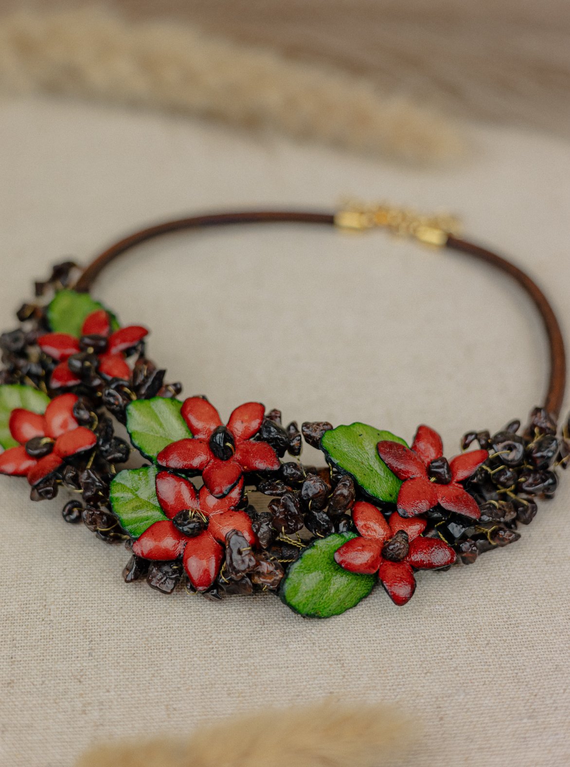 Wildflower Bouquet Garnet Leather Collar Necklace — Amber & Green
