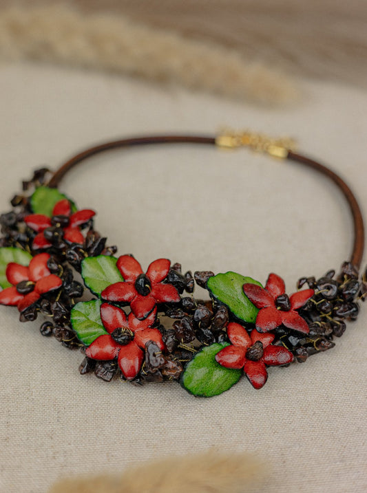 Wildflower Bouquet Garnet Leather Collar Necklace — Amber & Green