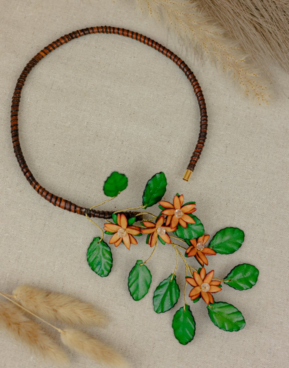 Orange Blossom Crystal Leather Necklace, Amber