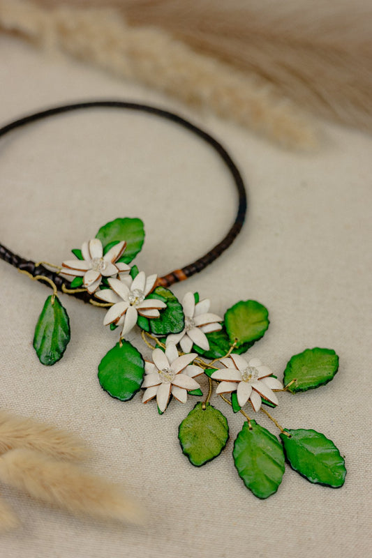 Orange Blossom Crystal Leather Necklace, Ivory