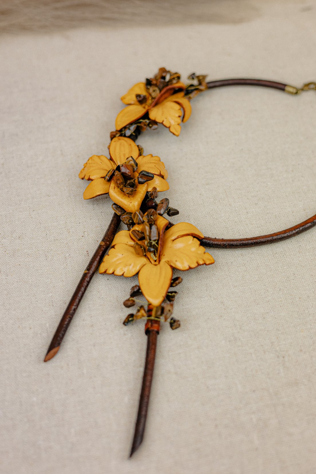 Orchid & Tiger's Eye Leather Choker Necklace — Amber & Brown