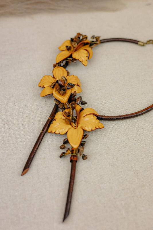 Orchid & Tiger's Eye Leather Choker Necklace — Amber & Brown