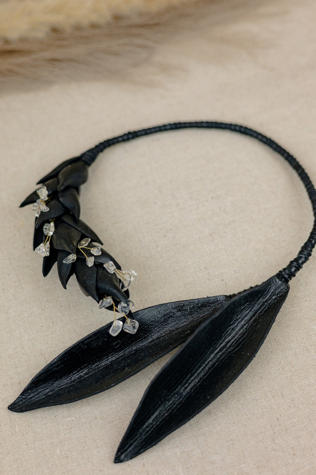 Heliconia & Crystal Braided Leather Necklace — Black