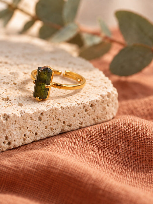 Raw Green Tourmaline 18k Gold Vermeil Bar Ring