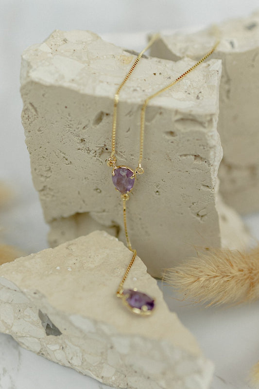 Amethyst Double Pear Lariat Necklace (Gold)