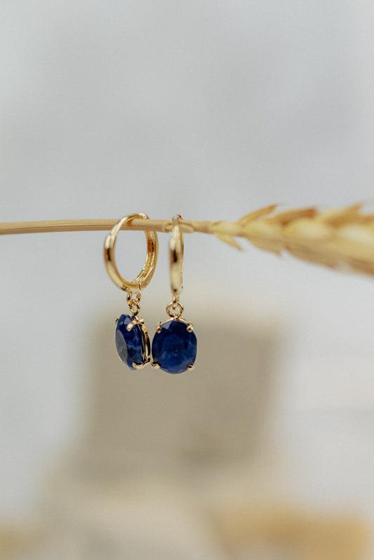 Deep Blue Sodalite Oval Huggie Hoop Earrings (Gold)