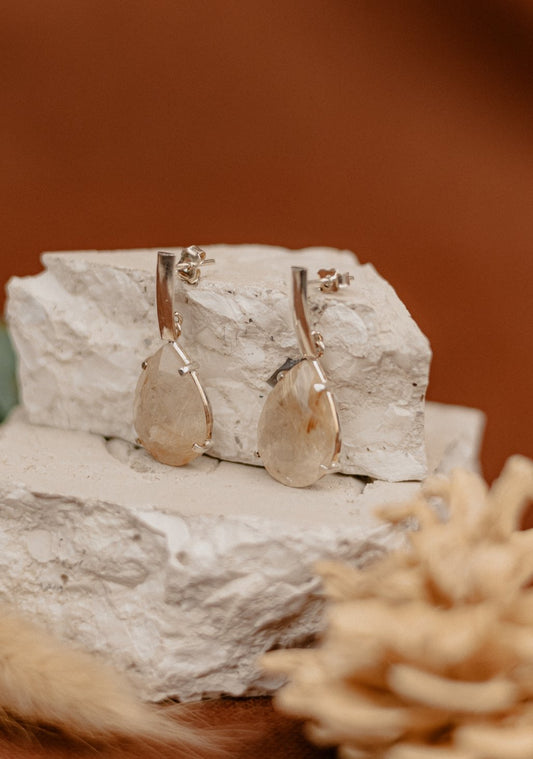 Golden Quartz Teardrop Drop Earrings