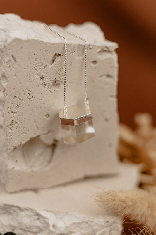 Clear Quartz Geometric Cube Pendant Necklace