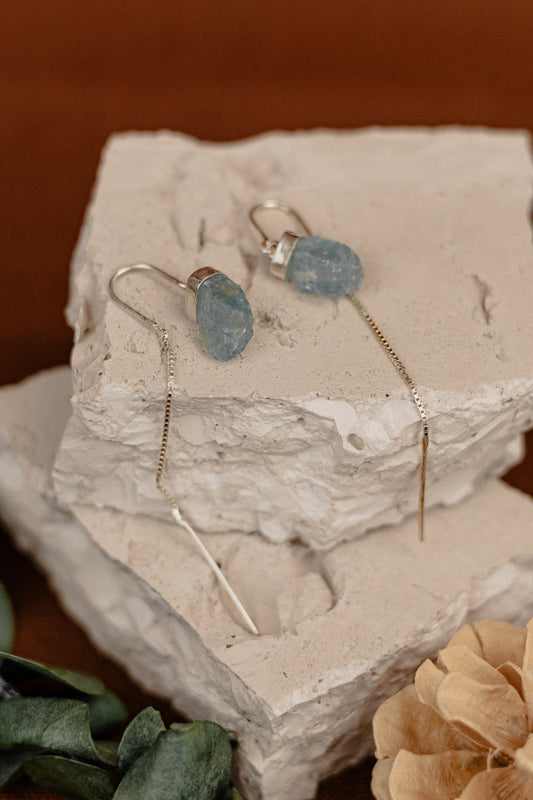 Raw Aquamarine Silver Threader Earrings