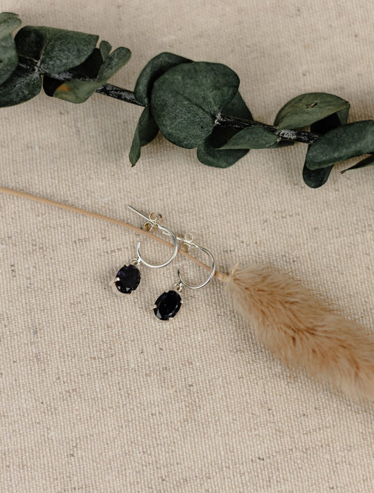 Dark Blue Oval Drop Earrings on Silver Hoops