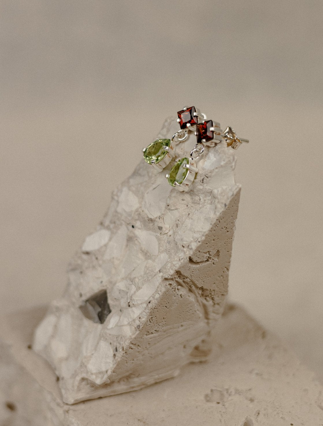 Garnet & Peridot Two-Stone Drop Earrings