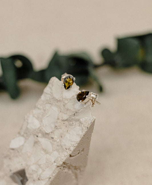 Olive Tourmaline Teardrop Stud Earrings