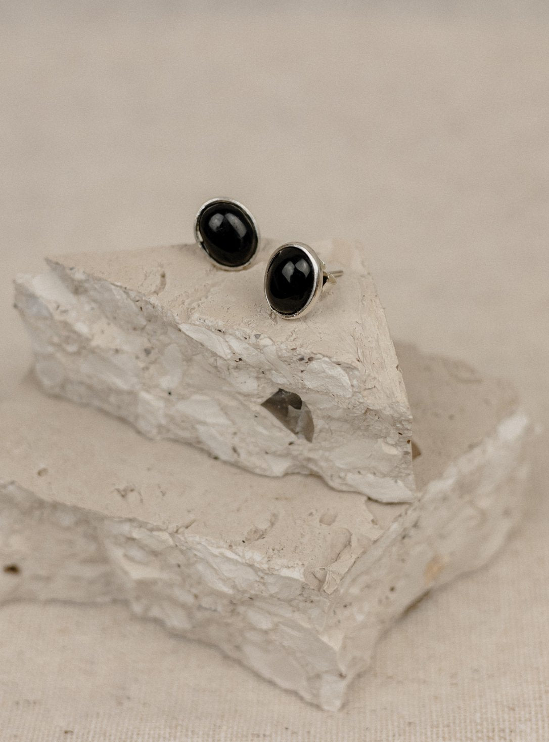 Black Onyx Oval Cabochon Stud Earrings