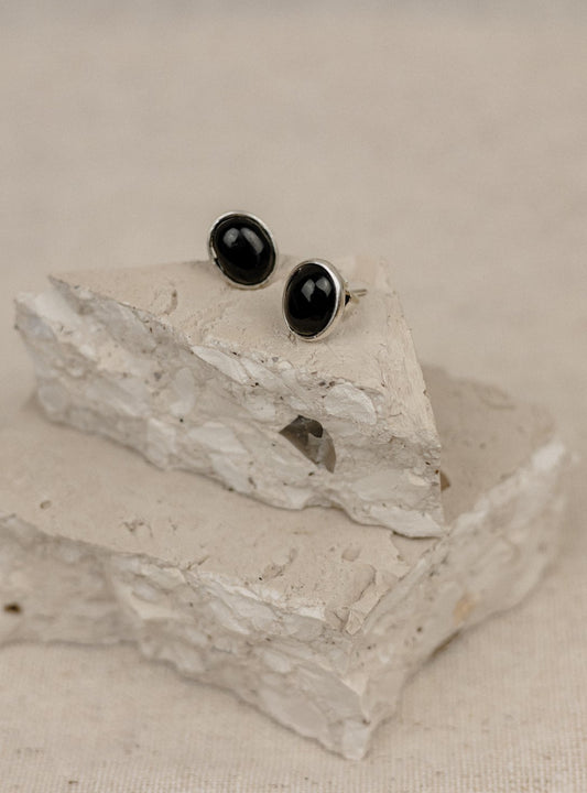 Black Onyx Oval Cabochon Stud Earrings
