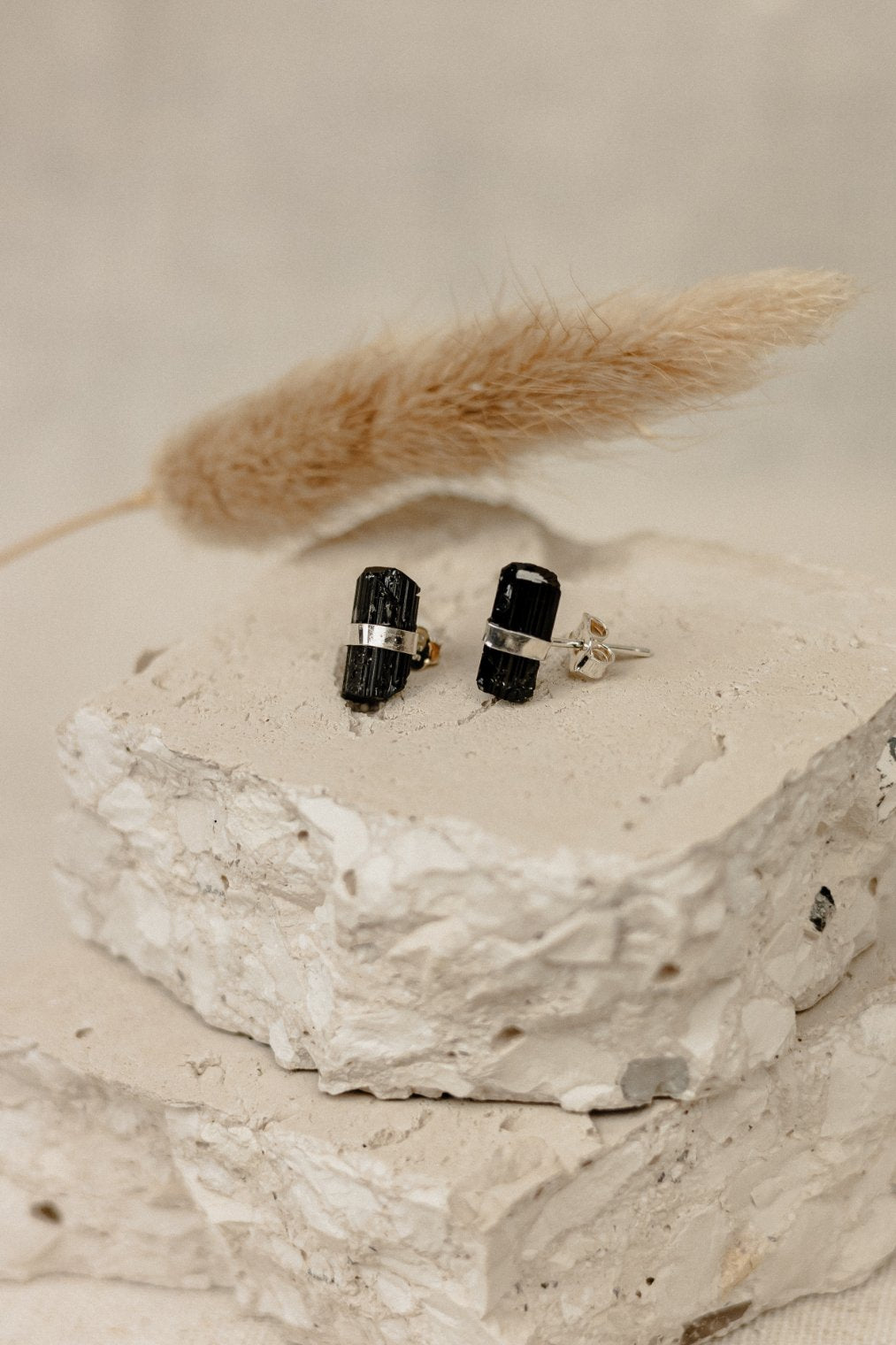 Raw Black Tourmaline Column Stud Earrings