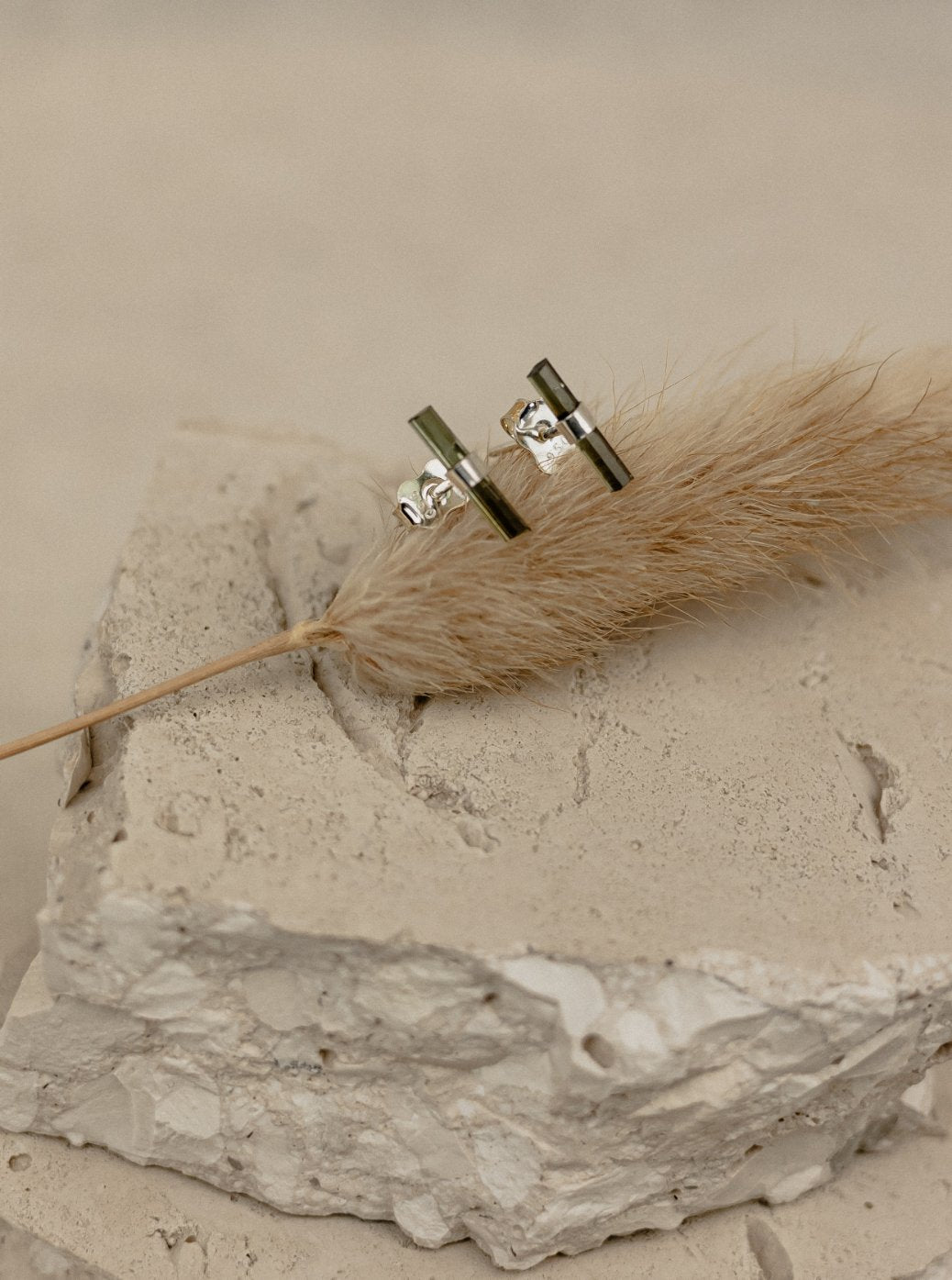 Raw Green Tourmaline Column Stud Earrings