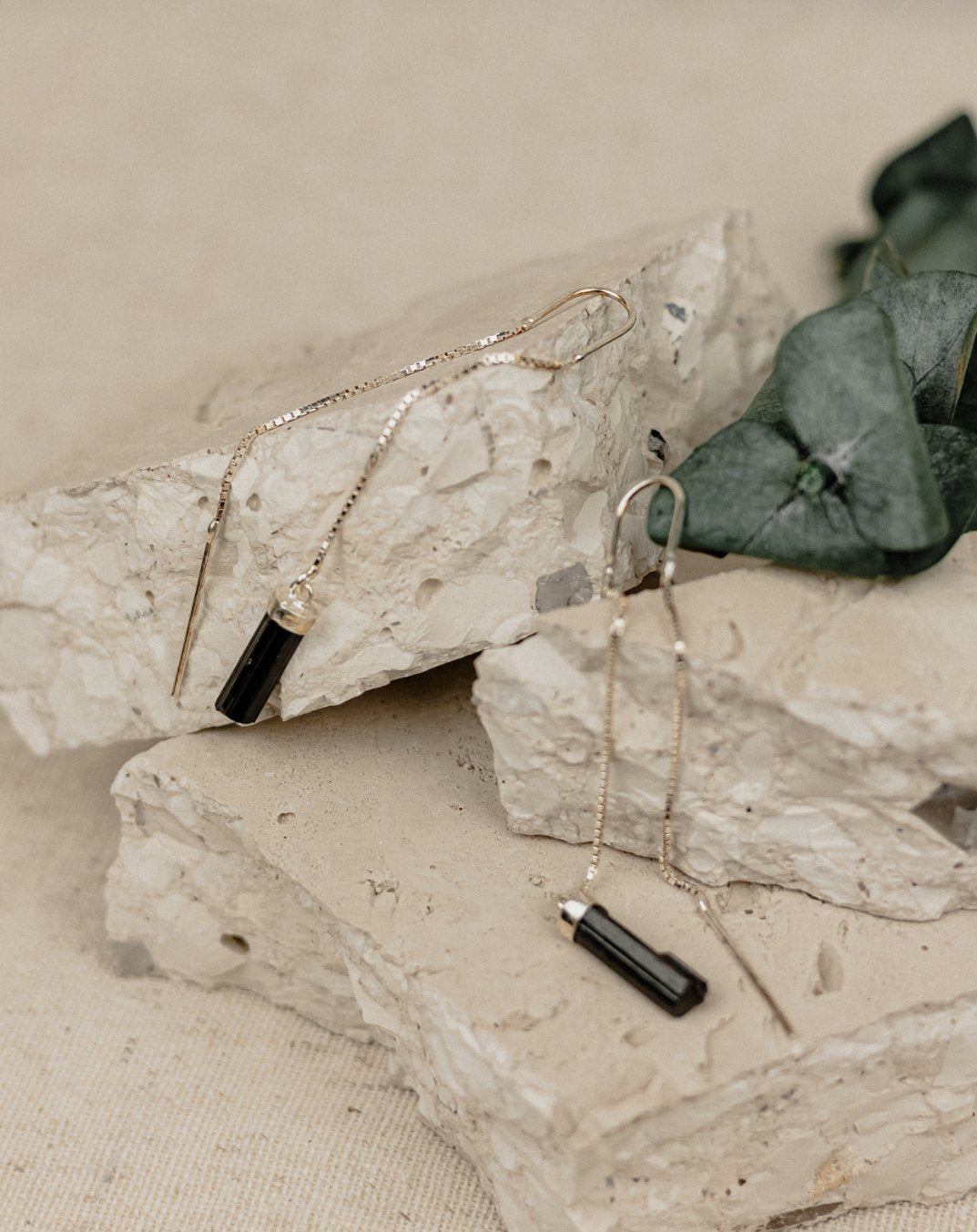 Raw Black Tourmaline Threader Earrings II