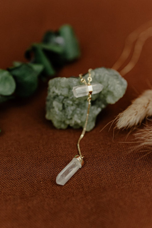 Clear Quartz Double Point Lariat Necklace (Gold)