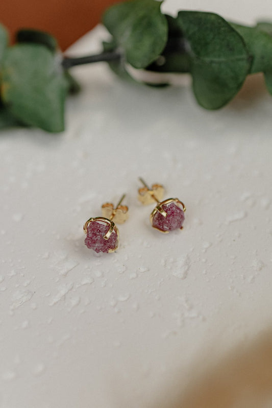 Raw Ruby Stud Earrings (Gold)