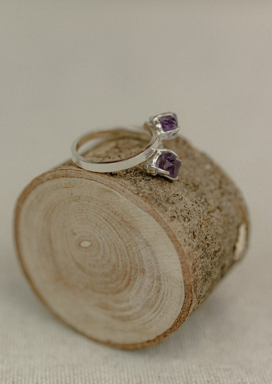 Raw Amethyst Double Stone Bypass Ring (Silver)