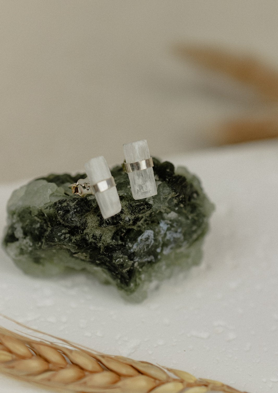 Selenite Bar Stud Earrings (Silver)