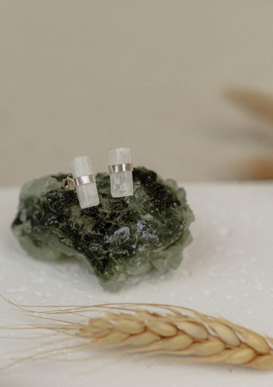 Selenite Bar Stud Earrings (Silver)