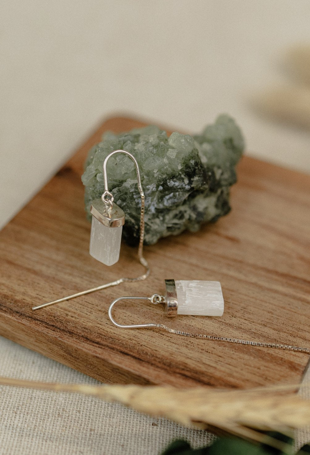 Selenite Bar Threader Earrings (Silver)