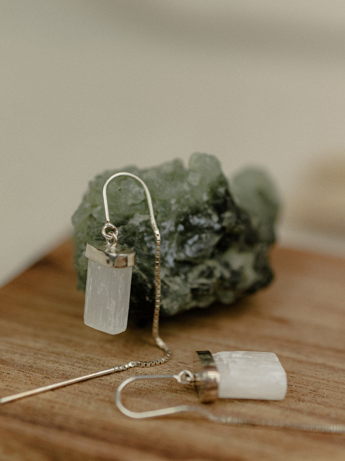 Selenite Bar Threader Earrings (Silver)