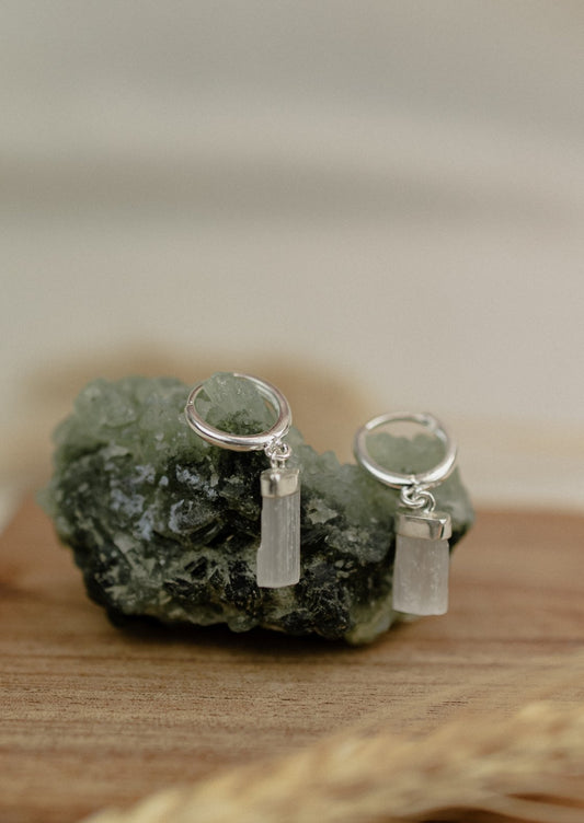 Selenite Bar Huggie Hoop Earrings (Silver)