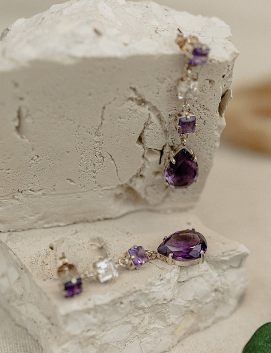 Statement Amethyst Multi-Stone Drop Earrings (Silver)