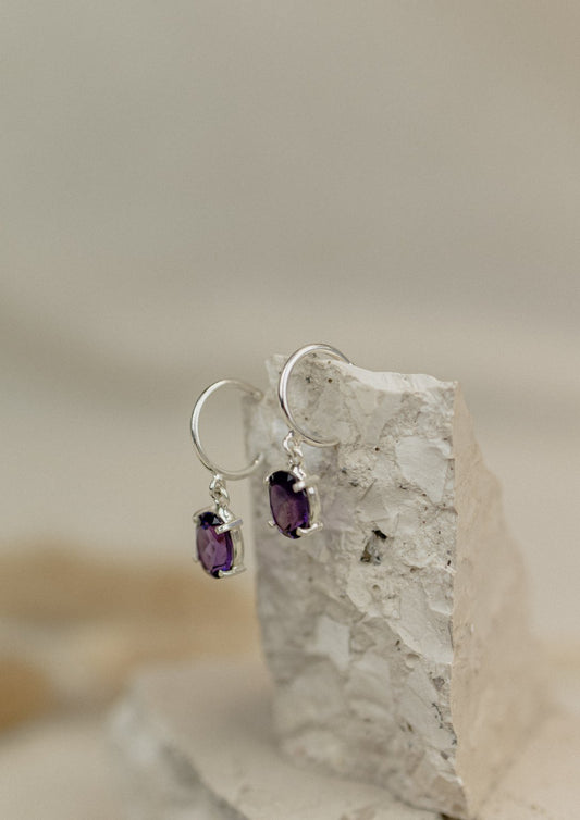 Amethyst Oval Huggie Hoop Earrings (Silver)