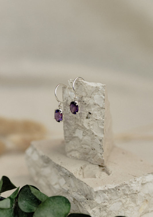 Amethyst Oval Huggie Hoop Earrings (Silver)